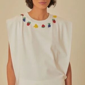 NEW Farm Rio White Beaded Fruits Organic Cotton T-Shirt, White l